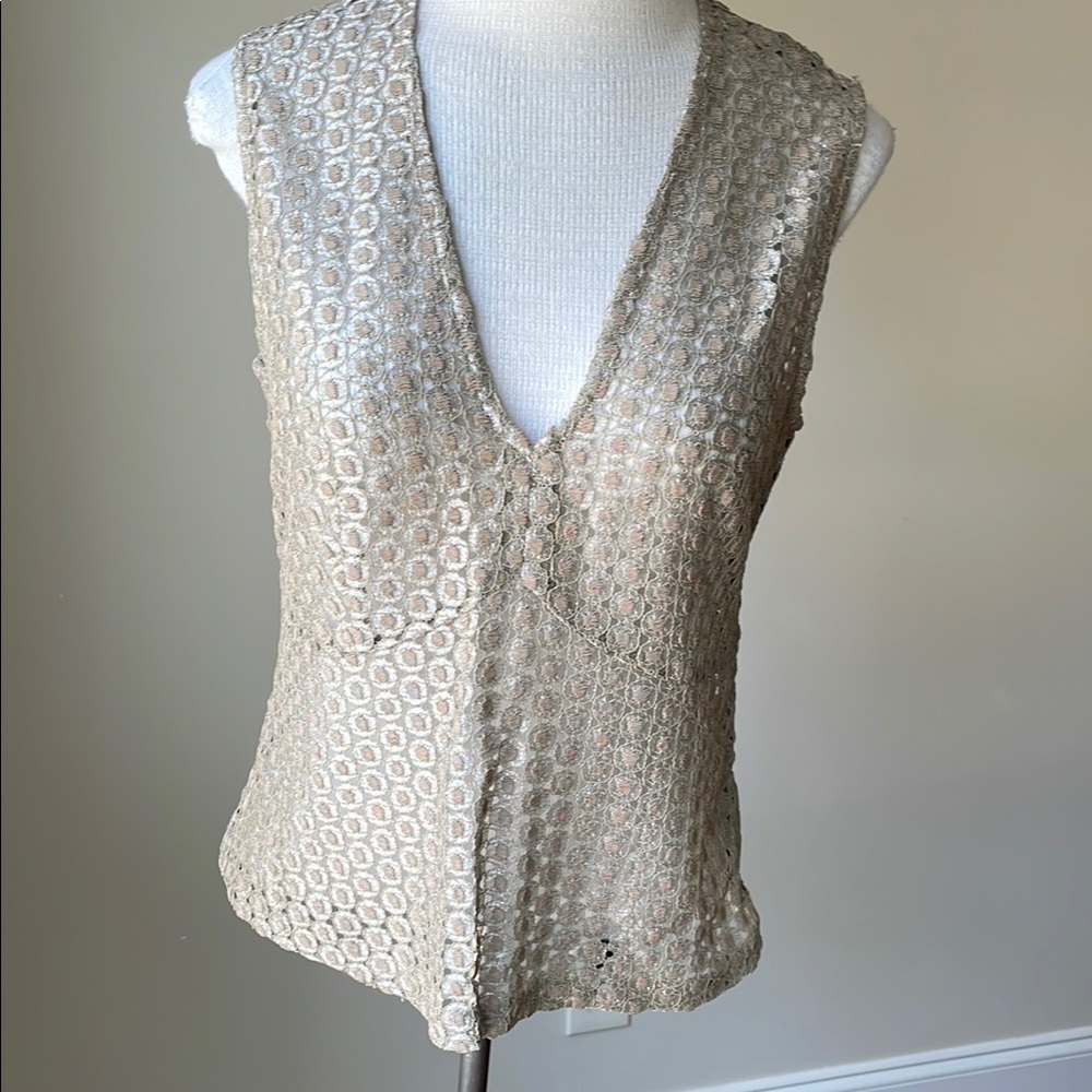 Silver Tan Sequin Fitted Sleeveless Tank Top